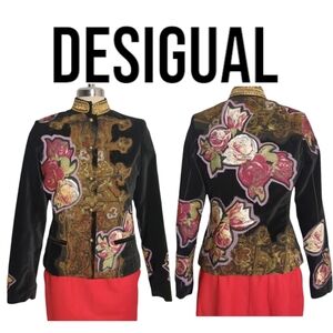 DESIGUAL Luxury Black Floral Patch And Neck Gold Beaded.